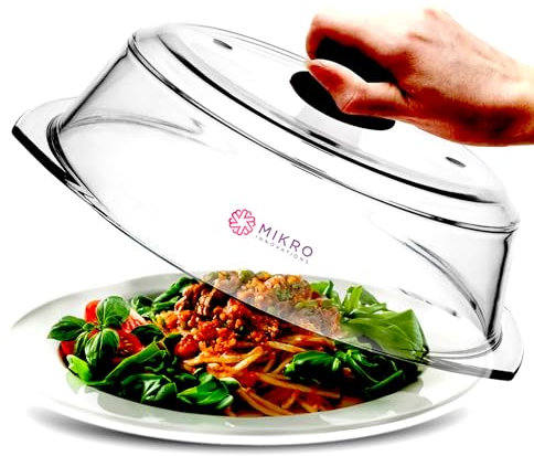 Tall Microwave glass plate splatter cover | Sturdy clear 100% food safe BPA free glass lid with easy grip silicone handle | Dishwasher safe for easy cleaning - 10.5in