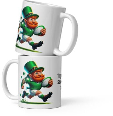 Leprechaun Running with a Rugby Ball., Ireland Rugby. Glossy Mug!