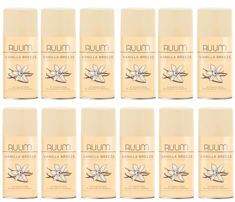 RUUM Lufterfrischer Nachfüller 12er Pack Vanilla Breeze - Duft Nachfüller kompatibel mit Air Wick Freshmatic, Glade Brise - 12x 250 ml Duftspray für Geruchsneutralisierung & Frische