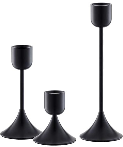 idyllictime Kerzenhalter Metall Schwerer Sockel für Kegelkerzen Stabkerzen Tischdeko Dekoration (Schwarz, 1 Set (3 Pcs))
