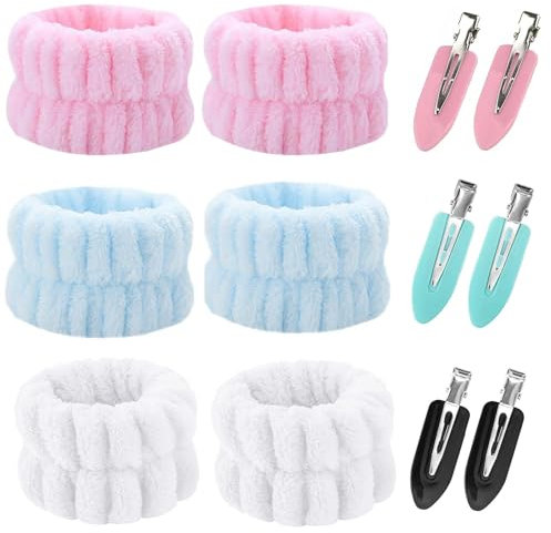 Manschetten zum Waschen des Gesichts, Entenklammern, weiche elastische Bündchen zum Waschen des Gesichts für Damen, saugfähige Armbänder, Hautpflege, Waschen und Duschen (Weiß Rosa Blau, 2)