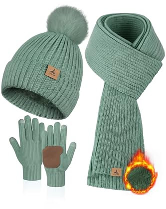 LOROME Damen-Wintermütze, Schal, Handschuhe, Set, Fleece, gestrickt, Bommelmütze, warmer Halstuch, Touchscreen-Handschuhe, Wintergeschenk, Mintgrün, 5 1/8-7 7/8
