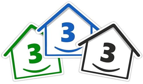 3 x Bin Numbers for Wheelie Bins, 1-99, 15cm ‘Happy House’ Colour Design Dustbin Stickers, Easy Application Stick On Number Stickers - Weatherproof Self Adhesive Vinyl – Blue, Black and Green (3)