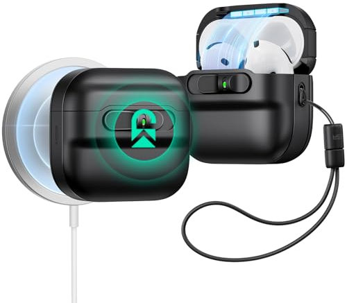 ESR für AirPods 4 Hülle, kompatibel mit AirPods 4 Gen (2024) (USB-C), MagSafe kompatibel, Magnet Deckelverschluss, sturzsichere Schutzhülle mit Handschlaufe, Pulse Serie, Schwarz
