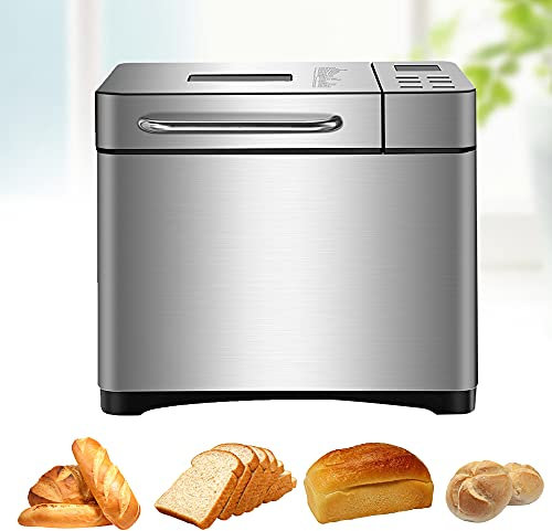 Automatische Brotbackautomat 19 Programme Edelstahl Brotbackmaschine Nuss Spender Brotbackautomaten Frucht-Nuss-Spender Für Backen von Kuchen Brot Joghurt Reis Marmelade Teig usw 650W 220V Silber