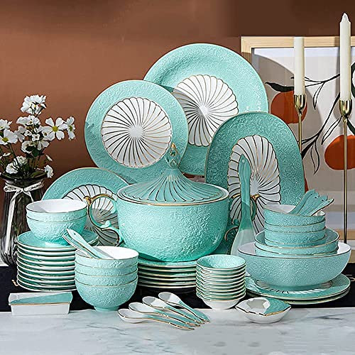 Service de table de luxe en porcelaine fine, assiettes et services en porcelaine fine, Phnom Penh en relief + porcelaine à imprimé floral, coffret cadeau haut de gamme, service pour 8 personnes, bleu