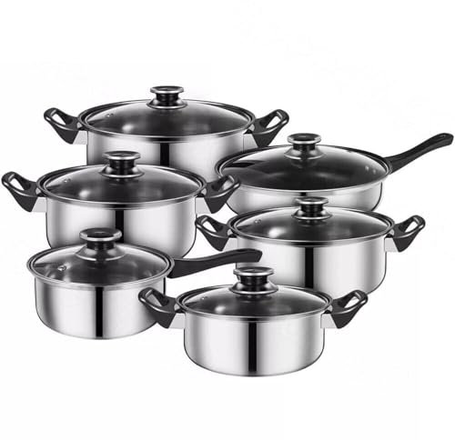 LUSKSk 6 Pcs Induction Stainless Steel Pan Cookware Set, Saucepan Set Non Stick with Glass Lids,Silver (6 Piece)