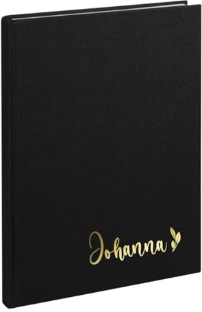 AWASG Notizbuch A5 – Personalisiert mit Name – Notizheft 200 Seiten dotted – Leinencover Grammatur 100g/m² - Blumendesign (schwarz)