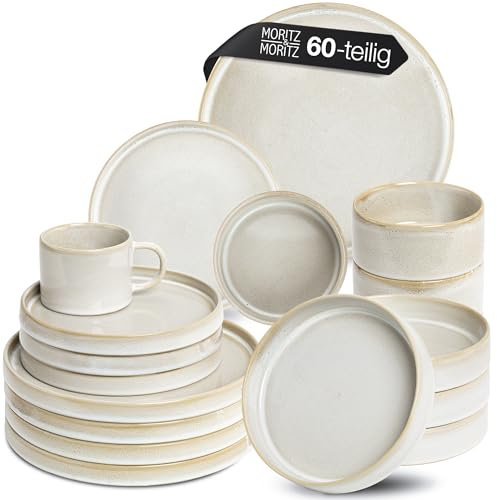 Moritz & Moritz CASTELLO 60-teiliges Geschirrset 12 Personen Beige - Teller Set aus Steinzeug - Geschirr Set aus 12x Dinnerteller, 12x Dessertteller, 12x Suppenteller, 12x Schalen & 12x Tassen