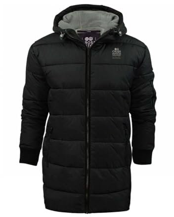 Crosshatch Mens Fleece Lined Long Length Coat Quilted Padded Warm Winter Hooded Jacket Zip Pockets Inside Pocket