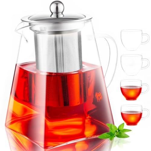 MS WGO 950ml/32.12oz Heat-Resistant Borosilicate Glass Teapot Set with Strainer, Handmade Glass Teapot with Infuser, Square Shape Infuser Tea Pot with 4 Cups
