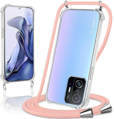 Coiwxmoi Coque avec Cordon pour Xiaomi 11T 5G / 11T Pro 5G 6,67, Collier Réglable Téléphone Étui Portable Lanyard Case Transparent Ultra Souple Silicone TPU Housse Antichoc Protection Cover, Or Rose