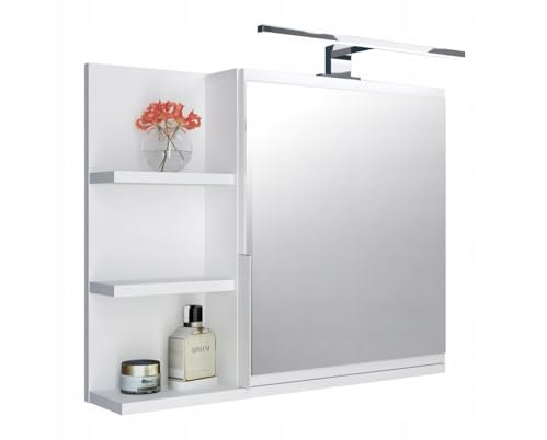 FreshYou Armoire de Toilette 60x50 Blanche, Armoire de Salle de Bain avec étagères, Miroir de Salle de Bain, Armoire Murale Lampe LED - Gauche