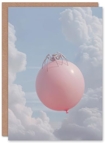 Artery8 Greeting Card Cute Jumping Spider on a Floating Pink Balloon Blank For Him Or Her Art Farewell Card