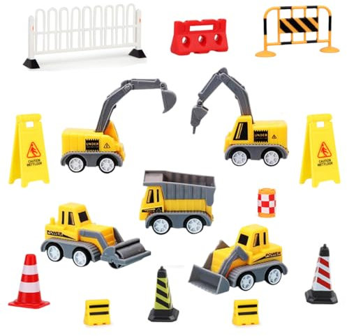 LQIOACU 5 Stück Minibagger, Kuchen deko baustelle, Tortendeko baustelle, Baustelle spielzeug, Bagger deko, 11 Stück Miniatur Puppenhaus Baustellenfahrzeuge Verkehrsschilder Zubehör
