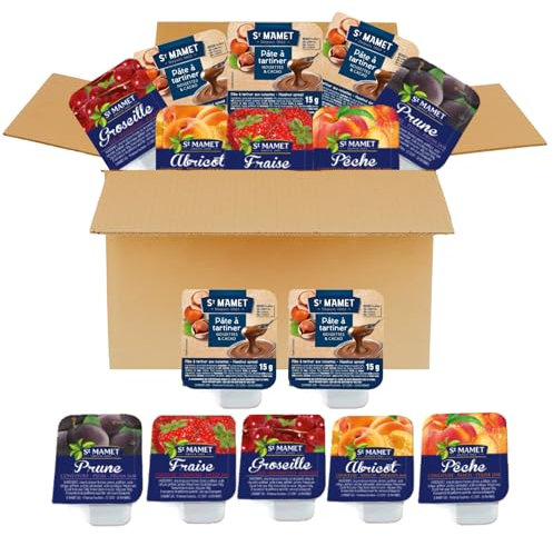 St MAMET | Assortiment de 50 Barquettes de Pâte à tartiner Noisette, Confiture de Fraise, Pêche, Abricot, Prune et Gelée de Groseille | Portions individuelles pour varier les plaisirs