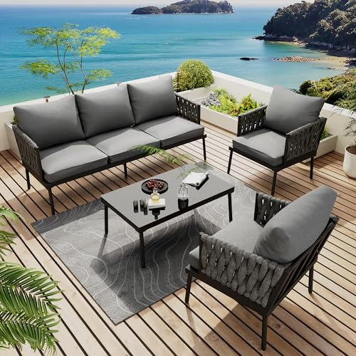Jtyca Gartenmöbel Set, Balkon Möbel Set mit Bequemen Kissen, Lounge Möbel Outdoor, Terassenmöbel mit 3er Sofa, 2 Sessel und Couchtisch, Glastischplatte, Geflochtene Seilarmlehnen, Grau