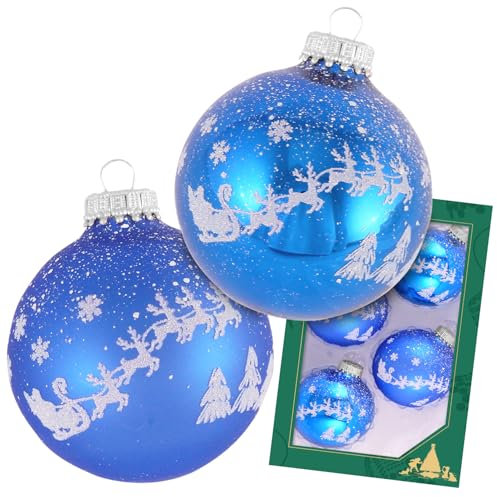 Krebs Glas Lauscha Weihnachtsdekoration/Christbaumschmuck aus Glas - Weihnachtskugeln - Motiv: Blau Schlitten - 4 Stück - Größe: ca. 7 cm