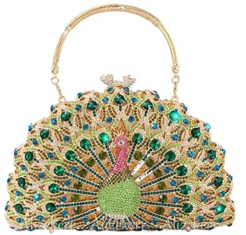Wunderschöne Abendtasche mit Pfauen-Kristallen, funkelnd, klassisch, halbrund, Diamant-Geldbörsen und Handtaschen, Hochzeit, Party für Spaziergänge, Mehrfarbig, L22xW5.5xH13.5cm