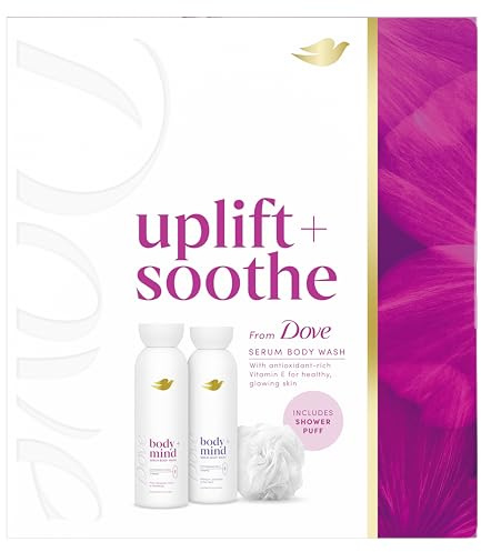 Dove Uplift + Soothe Collection Gift Set with two body washes and a Shower Puff perfect gifts for her 2 pc