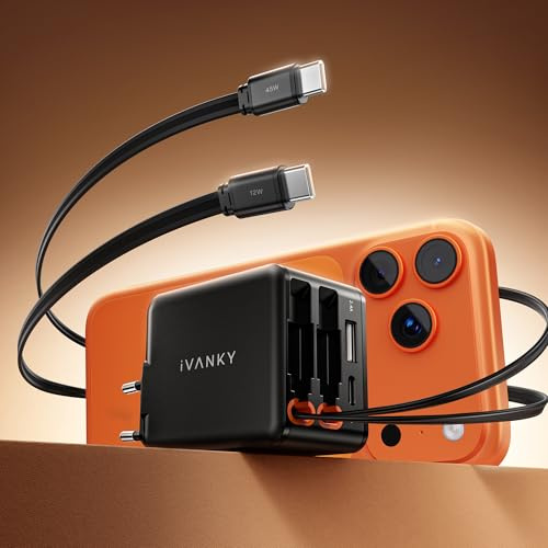 iVANKY 4-in-1 USB C GaN Ladegerät mit 65cm Einziehbarem Ladekabel, 45W Netzteil für iPhone 17 Pro Max Air, Reise Charger mit Doppel USB-C Kabeln, Schnellladung 4-Port-Adapter für Samsung, Aufrollbares