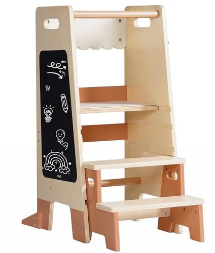 ROBUD Lernturm für Kleinkinder mit abnehmbarem Tritthocker, 2-in-1 Lernturm aus Holz mit Tafel, 3-Fach höhenverstellbar, Tritthocker für Kinder von 2-6 Jahren