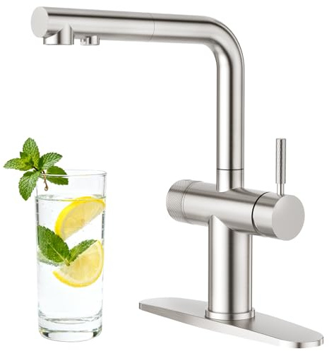 CREA 3-Wege-Küchenarmatur mit herausziehbarem Sprüher und integriertem Wasserfilter, Trinkwasserhahn-Auslauf für Bar-Spülbecken, Wasserfilter, Einzelloch, 2 Griffe, gebürstetes Nickel, Edelstahl