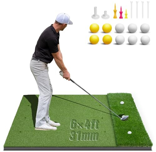 Dual-Turf Golf Mat 31mm: 6x4ft Extra Large Golf Hitting Mats Practice Outdoor Indoor, High-Density Artificial Turf Matt for Garage Simulator Chipping Driving Training, Ideal Gifts for Men Dad