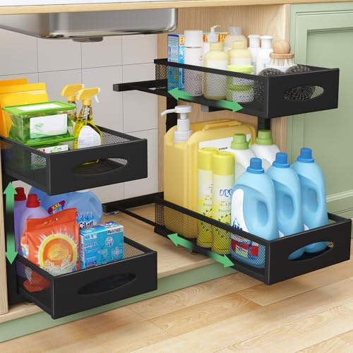 Kitstorack 2 Tier Metal Under Sink Storage for Kitchen,Bathroom | Under Sink Organiser, Height Adjustable, Sliding Mesh, supports 45.4kg, both baskets slide out, sturdy, for Kitchen, Cupboard