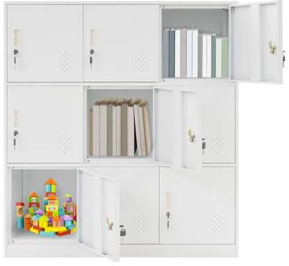 JJsdwin Mitarbeiterschrank, 9-Türiger Büroskrank mit Kartenstecken, Abschließbarer Aufbewahrungsschrank für Fitnessraum und Umkleideräume, Produktgröße 90x42x100cm | Weiß