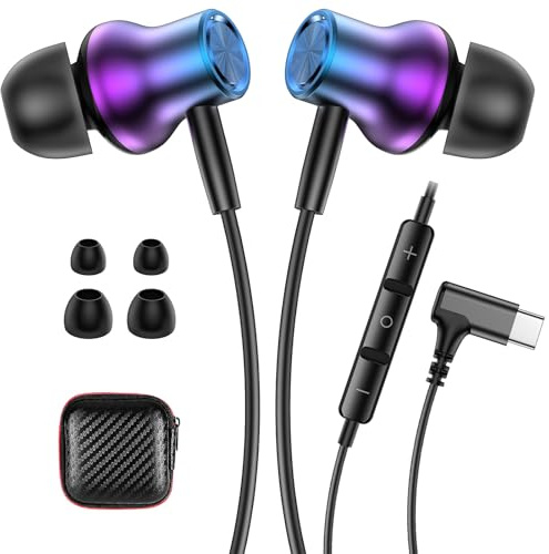 USB C Earbuds Wired Type-C Headphones C Plug Right Angle Earphones with Mic | USBC Cord Headphone for iPhone 17e 17 16 15 for Google Pixel 10a 9 Pro for Samsung S26 Ultra S25 A16 Volume Control Purple