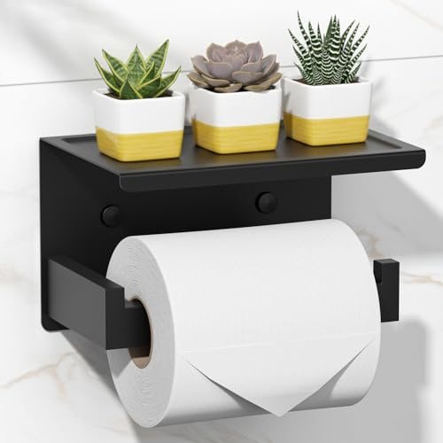 HITSLAM Matte Black Toilet Roll Holder with Phone Shelf, Stick on Toilet Paper Holder for Bathroom, SUS 304 Stainless Steel, Two Installation of Self-Adhesive and Wall Mounted, Large