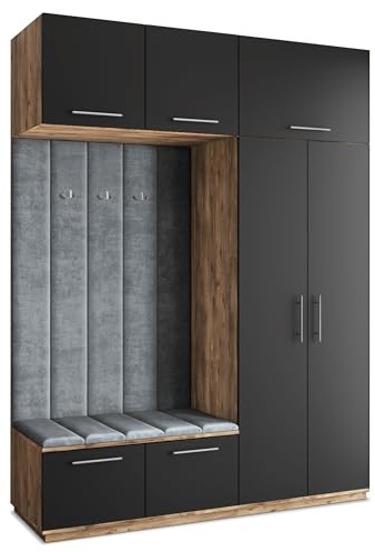 Masseno Flugarderoben Set Rema, Kleiderschrank-Set mit Sitzbank, Garderobenschrank Flur mit 5 Regalböden, Eiche Lefkas/Schwarz