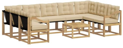 vidaXL Outdoor-Sofagarnitur mit Kissen 10 pcs Weiß und Beige, Moderne Gartenmöbel, Akazienholz-Sofa, Textilene-Rücken, strapazierfähige Sitzmöbel, Bequeme Liegeplätze