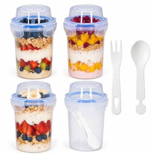 Morvexa Pots à Yaourt à Emporter Lot de 4, Gobelets Muesli avec Couverts