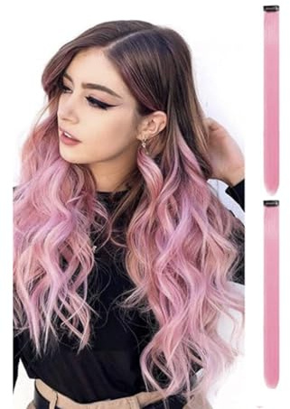 2 x Clip-In Hair Extension Highlights Streaks, Colourful Hair Highlights (Pink)