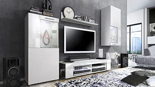 Vladon Wohnwand Movie, Anbauwand bestehend aus 1 TV-Board, 2 Vitrinen und 1 Regal, Weiß matt/Weiß matt/Weiß Hochglanz inkl. LED-Beleuchtung weiß (Gesamt: 300 x 190 x 39 cm)