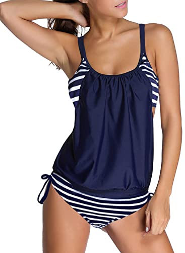 Aleumdr Tankini Damen bauchweg Bademode Set zweiteilig Push up mit Einstellbarer Bikinislip Tankini Top Soft Cups, Dunkelblau, Medium(EU40-EU42)