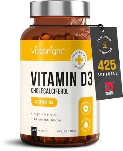 Vitamin D3 4000 IU Daily | 425 Softgels - 14 Month Supply | High Strength Vitamin D Tablets | Sugar-Free Softgels, NOT VIT D Gummies | VitaBright VIT D3 Supplements for Women & Men