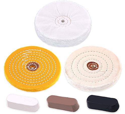 Rustark 6 Piece Polishing Compounds Kit with 3 Assorted Buffing Wheels Including Black Emery, Brown Tripoli, White Diamond, Yellow (30 Ply) Flannel (30 Ply), Cotton (40 Ply) for polishing
