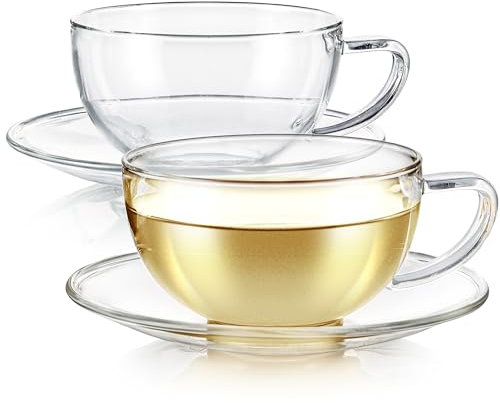 Teabloom Kyoto Teacup and Saucer Set 2-Pack – Standard Teacup Size – 6 OZ/ 180 ML Capacity – Crystal Clear Design –– Healthful Premium Borosilicate Glass – Heat Resistant, Microwave Safe