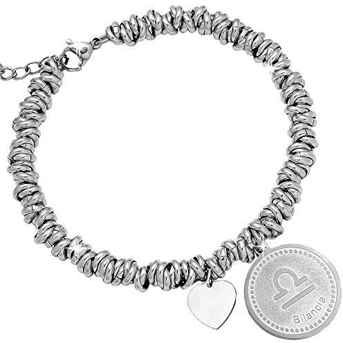 Beloved Bracciale da donna, braccialetto in acciaio zodiaco con nodini - Segno zodiacale in rilievo 3d lucido - Base ciondolo pendente satinata - Misura regolabile con moschettone