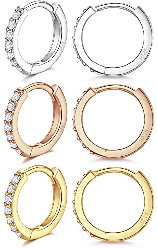 LIHELEI 3 Paar Silber Creolen Ohrringe für Damens, S925 Sterling Silber Creolen mit AAA Zirkonia, Hypoallergen Klein Schlafen Kreolen für Geburtstagsgeschenk- Silber/Gold/Roségold