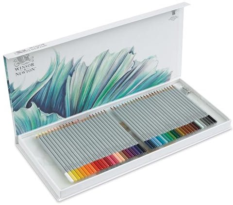 Winsor & Newton 2090002 50-teiliges Geschenkset zum Skizzieren, Illustieren, Zeichnen für Künstler mit 48 Buntstifte in Künstlerqualität 1 Block in 27cm x 19,4cm, 1 Spitzer