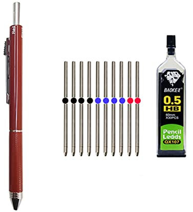 MROOFUL 4-in-1 mehrfarbiger Kugelschreiber, Metall-Multifunktionsstift, 3 Farben, Kugelschreibermine, Maschinenbleistift-Set, Schwerkraft-Sensor, Rot