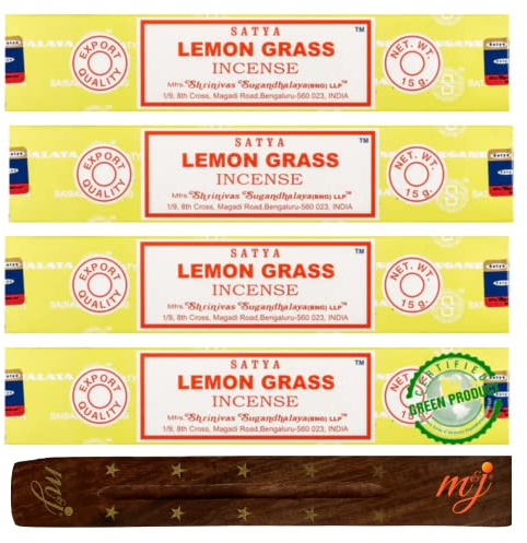 Original Satya Nag Champa Lemon Grass Incense Sticks | with M&J incense sticks holder | x4 pack | for Aromatherapy, Spa, Yoga, Weddings, Meditation, Healing, Positivity and Relaxation