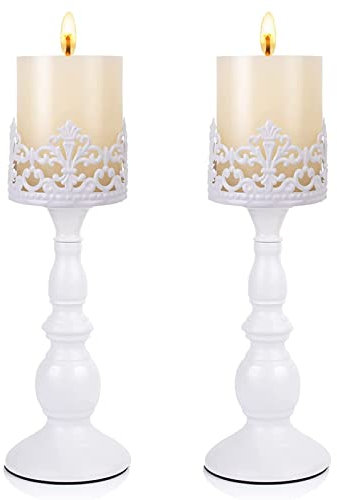 Kerzenhalter für Stumpenkerzen, Gothic, mattschwarz, Vintage, hohe Kerzenhalter, Set mit 2 dekorativen großen Tischaufsätzen, Kerzenständer, Dekor (weiß, 2 Stück A)