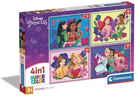 Clementoni - 21517 - Supercolor Puzzle 4 In 1 - Disney Princess - Puzzle 12,16,20,24 Teile Ab 3 Jahren, Buntes Kinderpuzzle Mit Besonderer Leuchtkraft, Geschicklichkeitsspiel Für Kinder