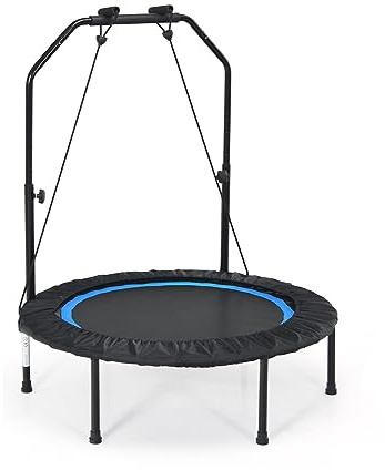 GYMAX Mini Trampolino Elastico Fitness, con 6 Supporti, 2 Cordini Elastici e Manubrio, Design Pieghevole e 4 Altezze Regolabili, Per Casa, Palestra, Blu
