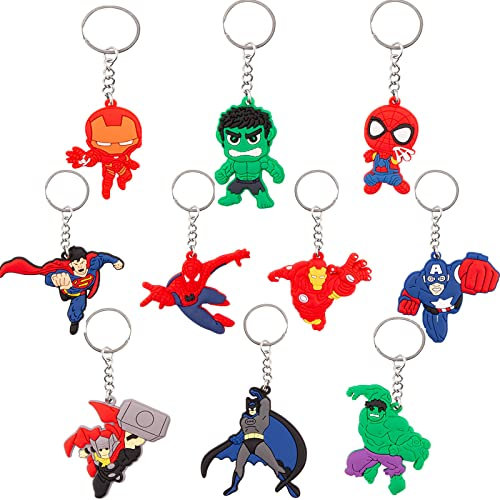 CHUKUA 10Pcs Superhelde Schlüsselanhänger Kinder Avenger Figuren Schlüsselringe Niedlich Silikon Anime Schlüsselbund Anhänger für Mitgebsel Kindergeburtstag Geschenk Fans Spielzeug Party Dekoration